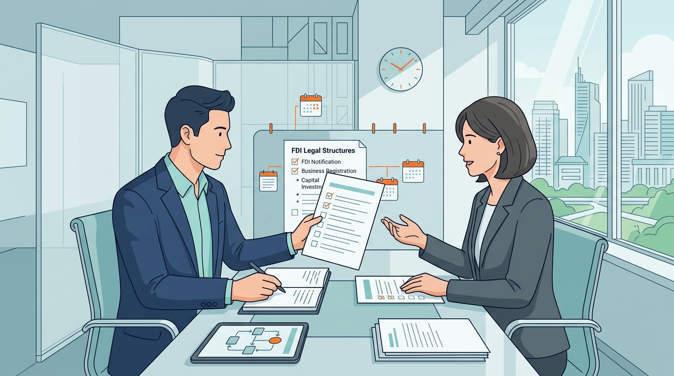 A business team discussing legal structure options for entering the Korean market.
